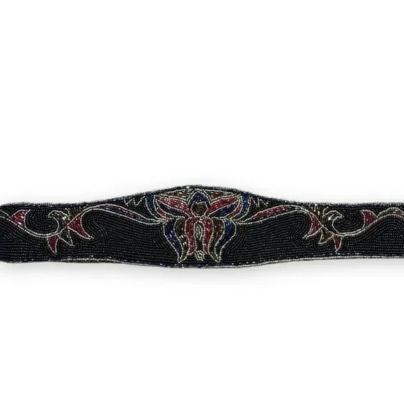 Vintage La Regale Belt Wide Black Multicolor Metallic Beaded Handmade Statement - Picture 2 of 14